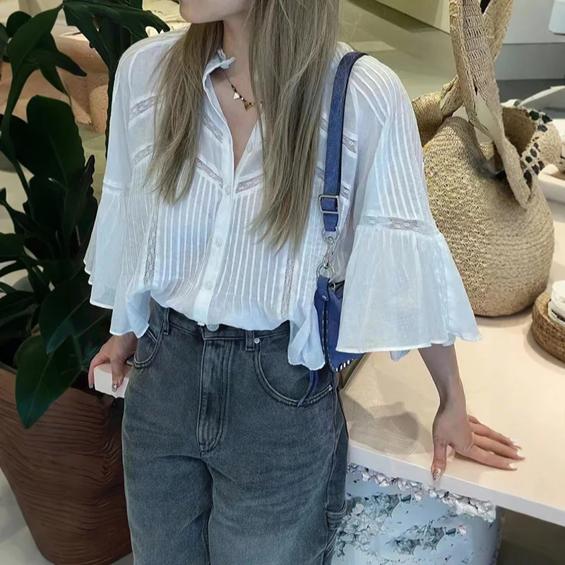 

Женский кружевной воротник-стойка с оборками на раннюю осень 2024 модные плечи рукава три четверти с колокольчиком свободный Шир