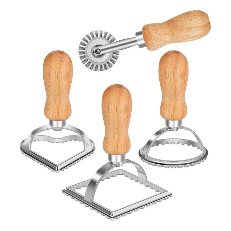 ABSE-Stamp Maker Cutter With Roller Wheel Ravioli Stamp Wooden Handle And Fluted Edge
