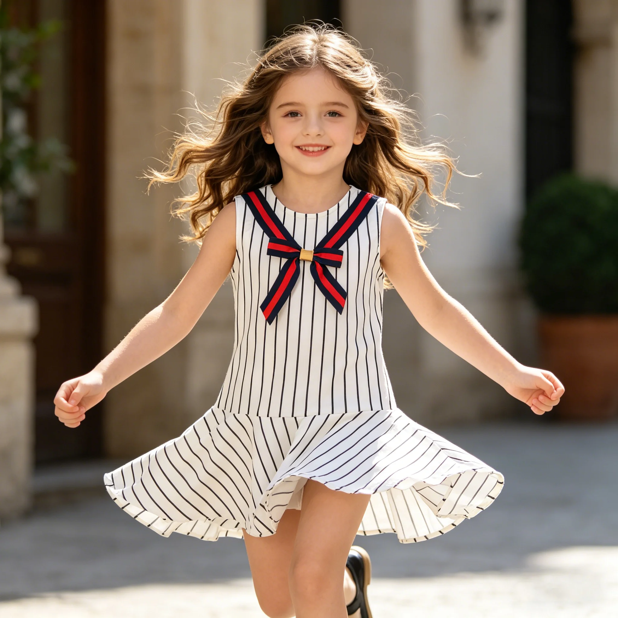 New Baby Girls Sleeveless Striped Print Dresses Clothes Bowknot Kid Summer Princess Dress Children Party Ball Pageant Outfit