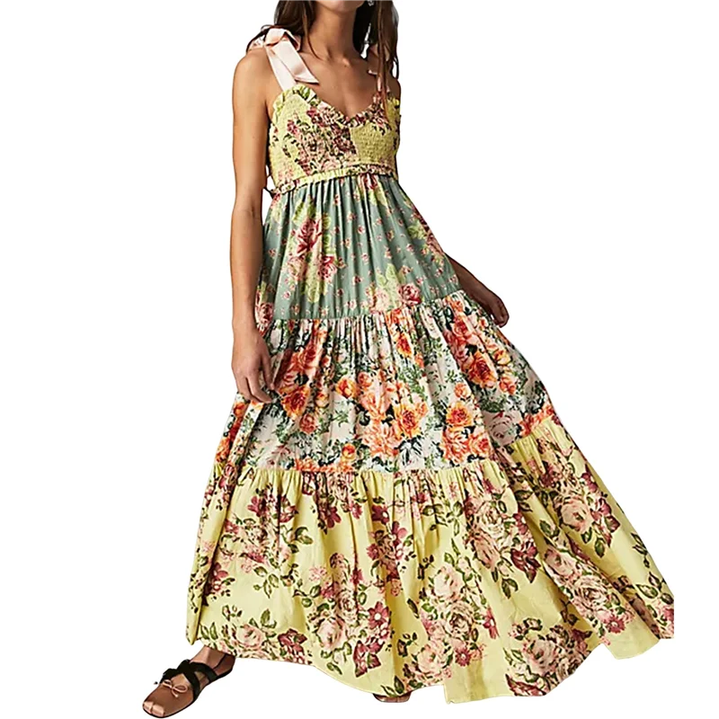 Abito estivo Boho floreale da donna con cravatta sulla spalla, patchwork smockato, maxi abiti fluidi con tasche, autunno-A55G estivo
