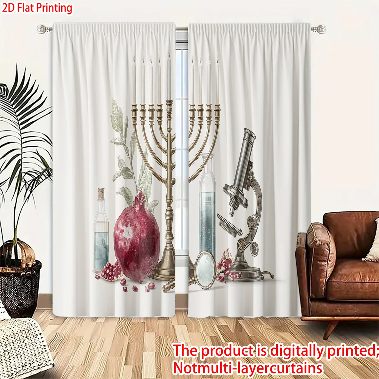 Vintage Science Art Curtain Drapes Menorah Pomegranate Microscope Panel Window Treatment Renaissance Home Decor