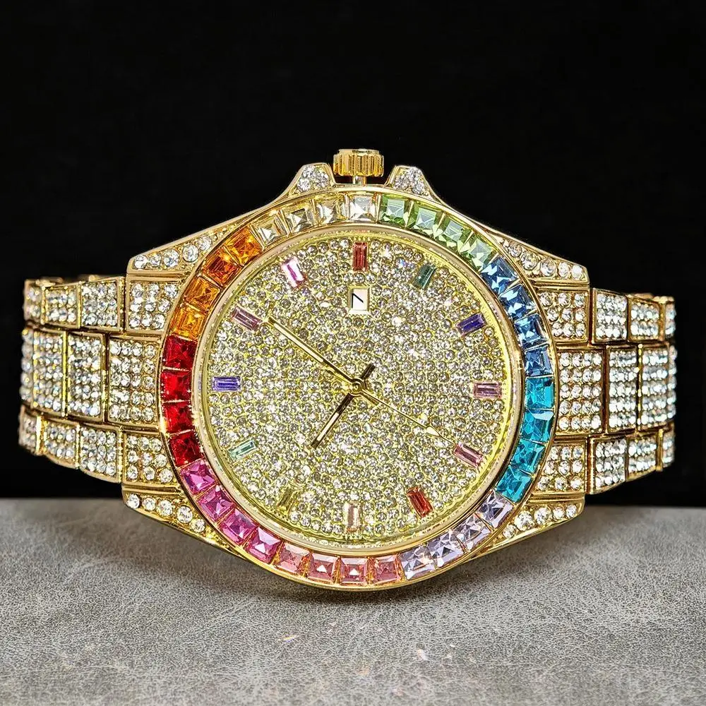 

2025 New Fashion Rainbow Colorful Diamond Mens Quartz Watches Luxury Hip Hop Stainless Steel Ice Diamond Wristwatches Male Gift