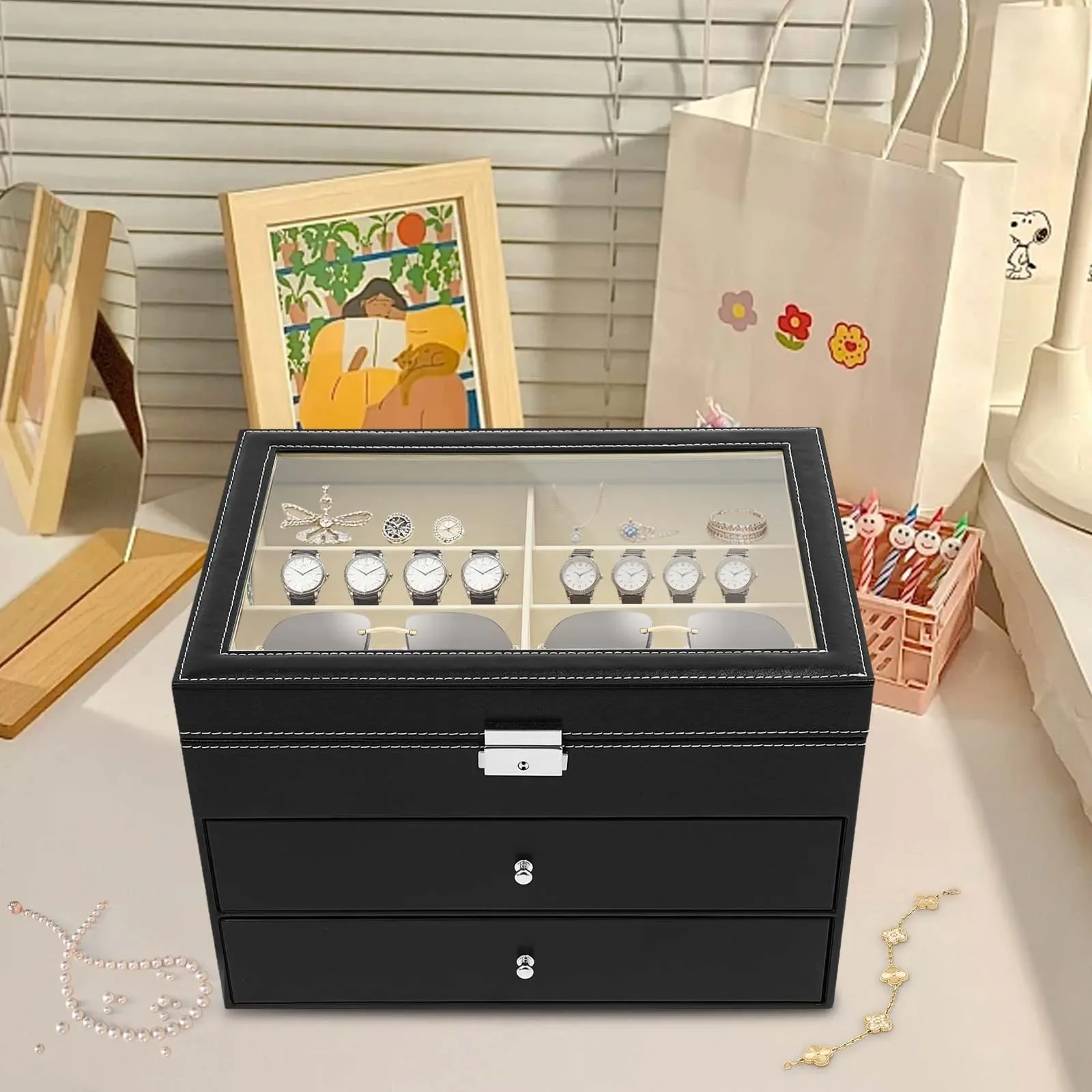 サングラス収納ウォッチ、24個のメガネ収納メガネボックスメガネケース、ガラスディスプレイウィンドウ付き、ジュエリー積み重ね可能な収納ボックス