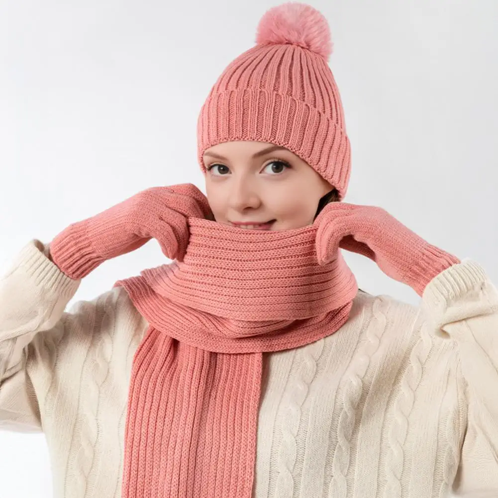 Soft Comfortable Scarf Gloves 3pcs Women Winter Hat Scarf Gloves Set Thickened Knitted Brimless Long Warm Scarf for Weather