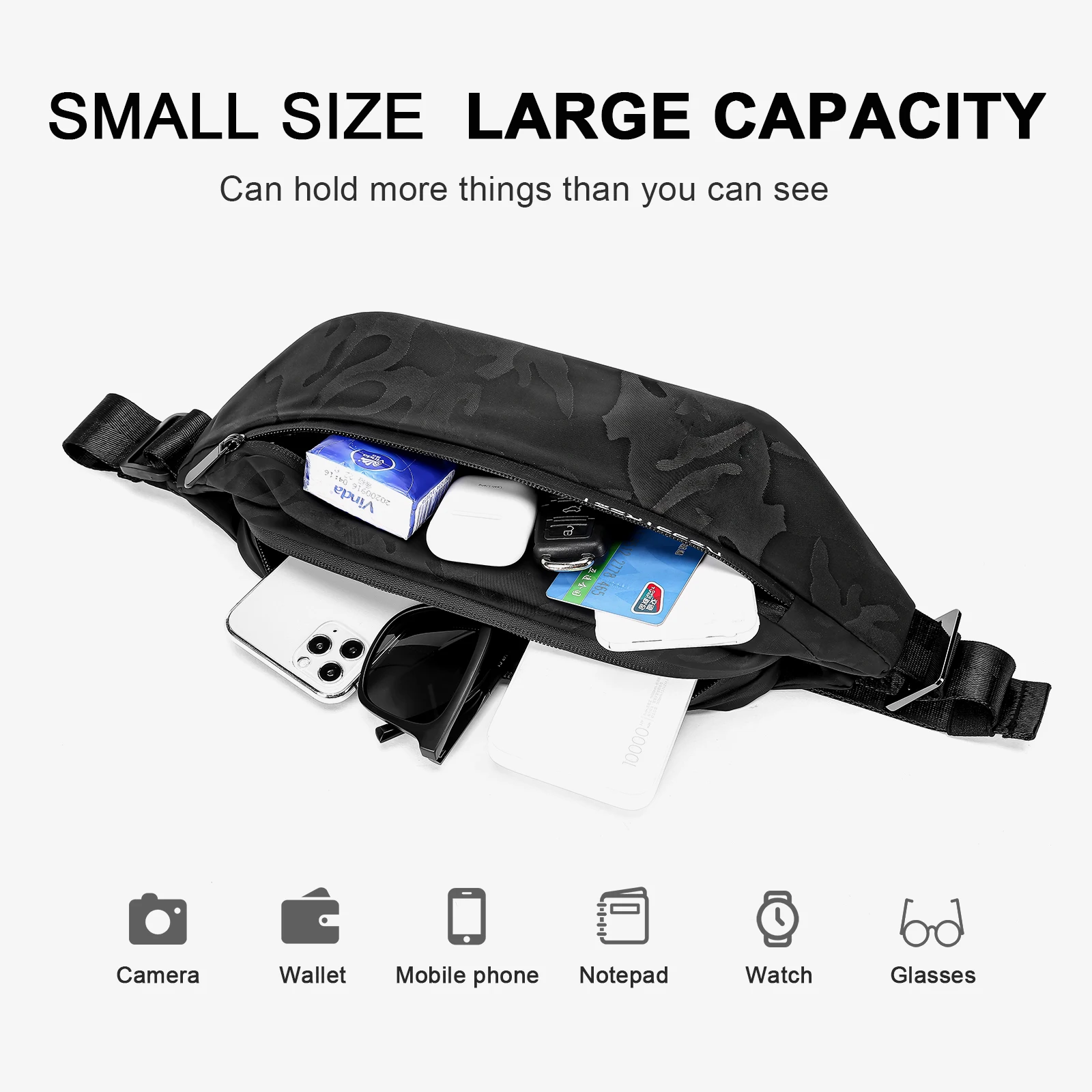 Sports crossbody bag, camo style Fanny pack, small shoulder bag, casual chest bag, outdoor riding crossshoulder bag,(black).