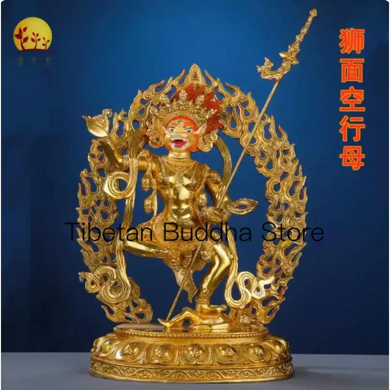 

38.5cm Pure copper fully gilded golden lion faced empty mother Buddha statue Black God of Wealth Angry Manjusri empty mother