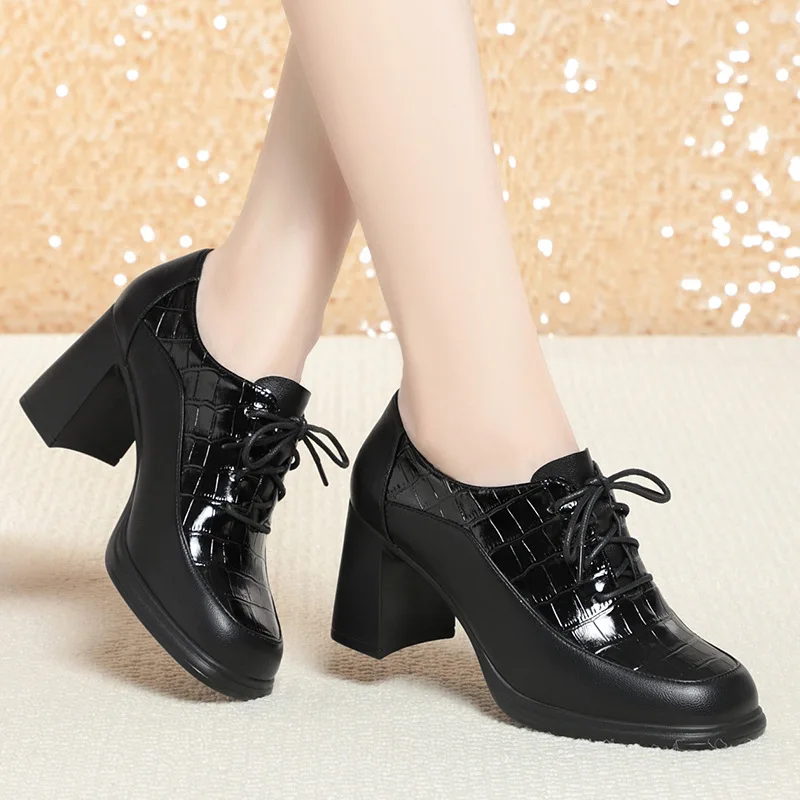 

Deep Mouth Soft Leather Shoes Women Oxfords Platform Pumps High Heels Shoes Black Lace up Office Work Pumps Shoes Comfortable