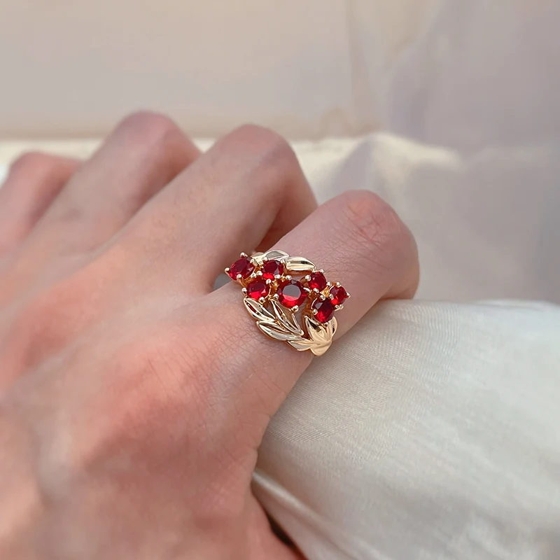 SYOUJYO Red Shiny Natural Stone Rings For Women 585 Rose Gold Color Elegant Vintage Bride Wedding Jewelry Family Party Best Gift