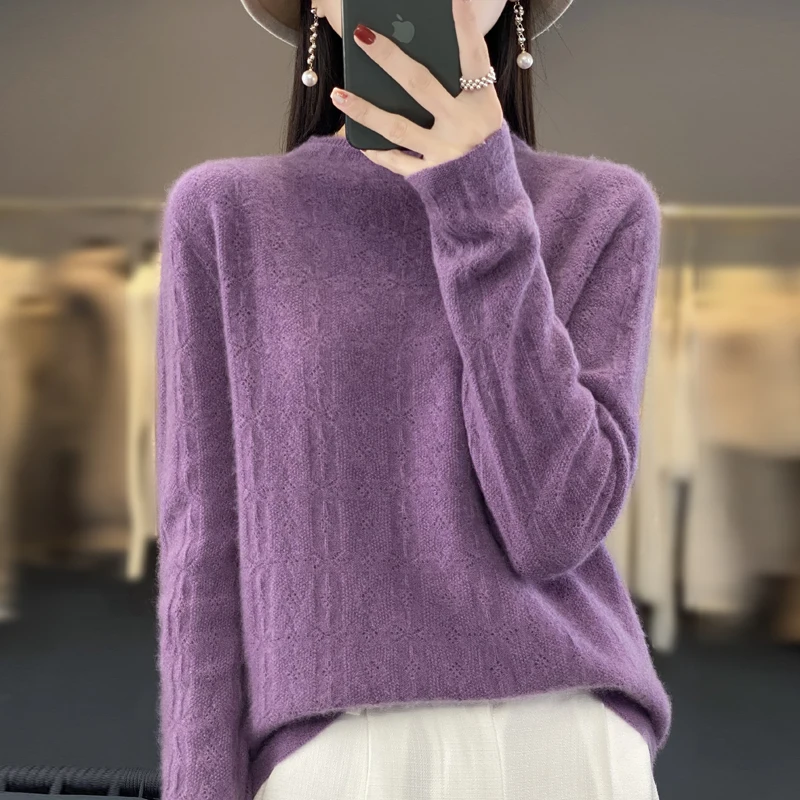 100% Wool Sweater Women Mock neck Argyle Long Sleeve Top Autumn Winter Fashion Casual Knitted Female Warm Loose Pullover Jumper