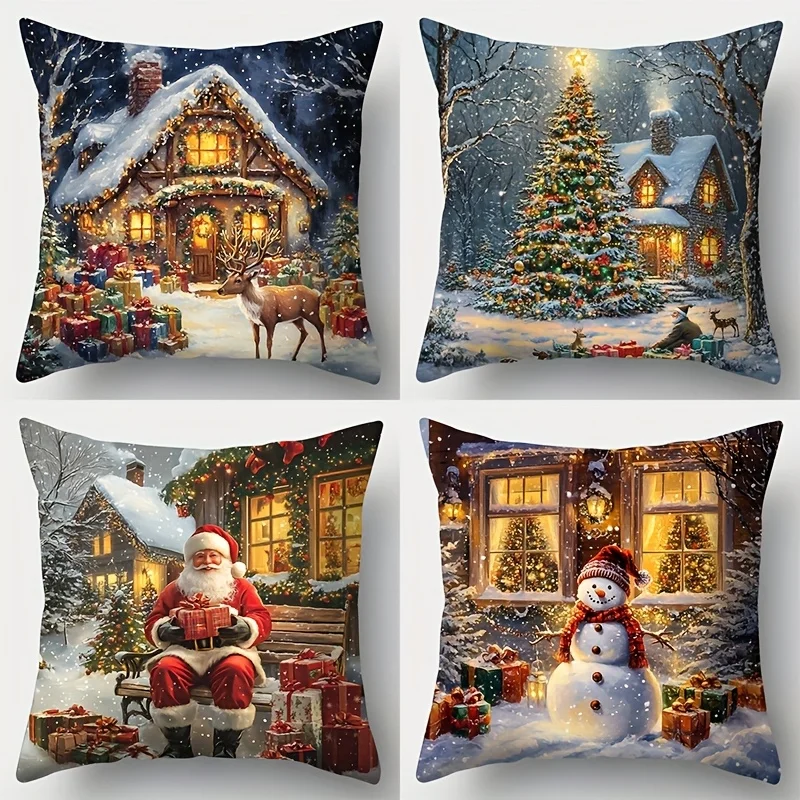 Juego  4 fundas  almohada, patrón  paisaje nocturno, coración, opciones disponibles  35.56cm, 40.64cm, 45.72cm, 50.8cm