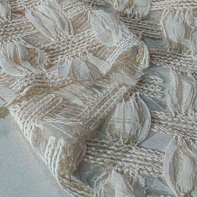 Beige Embroidered Checkered Fabric Dress Curtain Tablecloth Designer Handmade Sewing DIY Background Decoration Craft Material