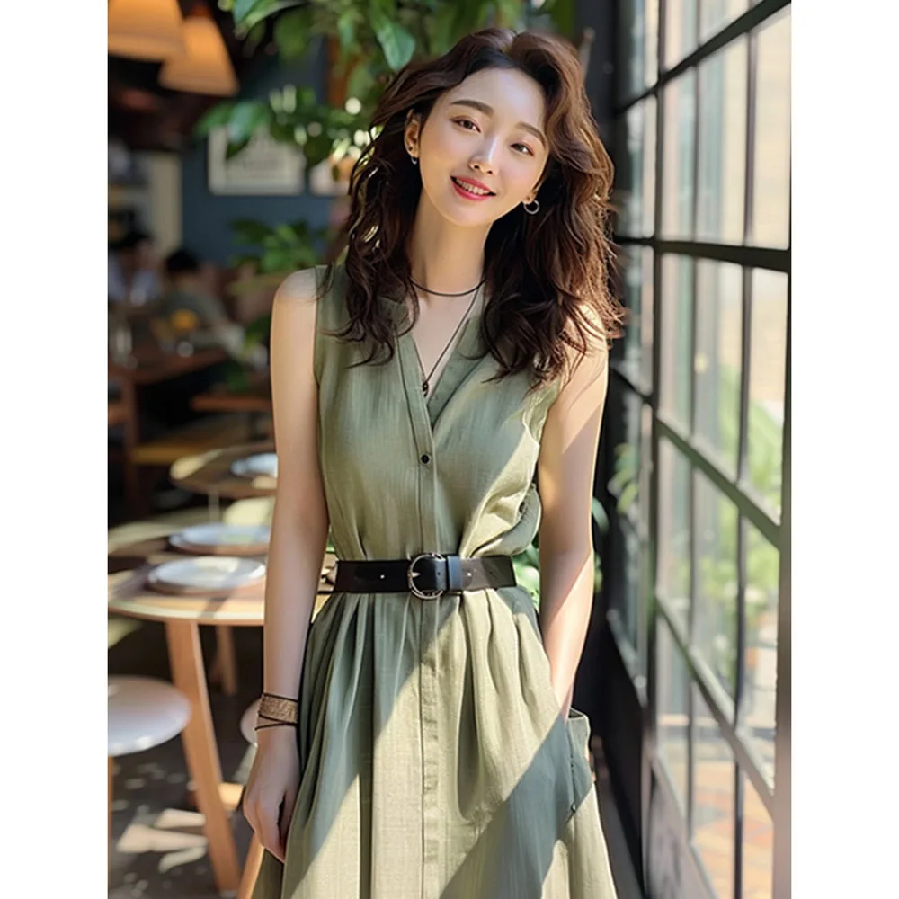 レディースミリタリーグリーンドレス 2025 夏新ライト高級ハイエンド A ラインベルトドレス薄型人気のノースリーブサスペンダー Vestidos
