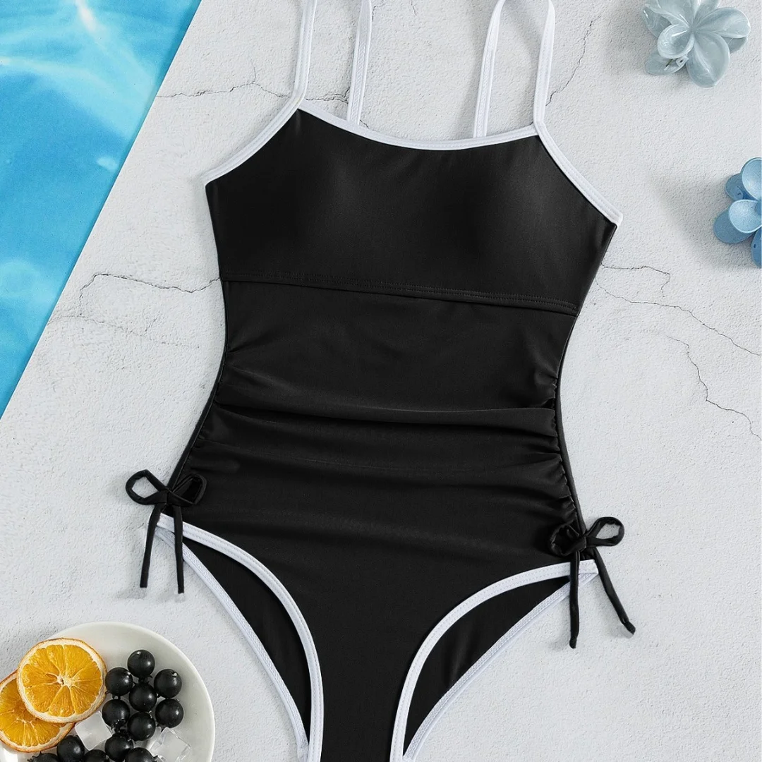 2026 Girls' Hollow One-Piece Swimsuit in Black for Ages 7-16 Swimwear Bathing Suit For Young Girls Summer Outfits Baby Clothing