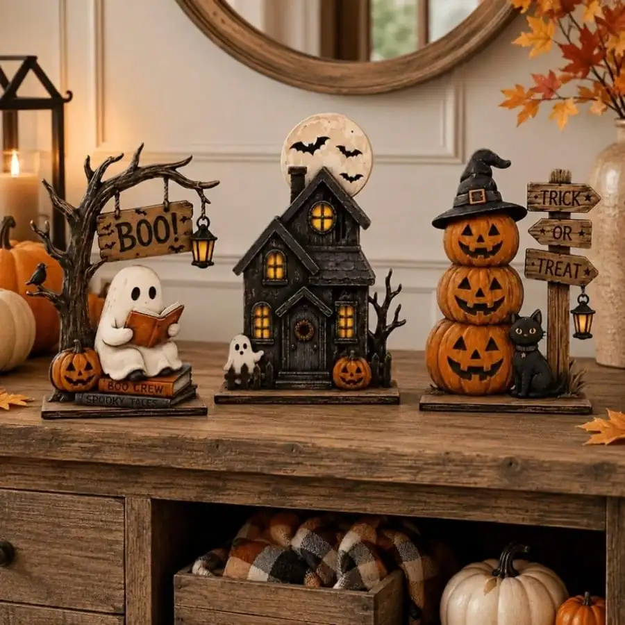 3pcs Vintage Halloween Wooden Indoor Decor, Autumn Decoration, Vintage Wooden Blocks, Suitable For Shelf Decor, Includes Ghost, Black Cat, Pumpkin Elements, Ideal Gift For Halloween