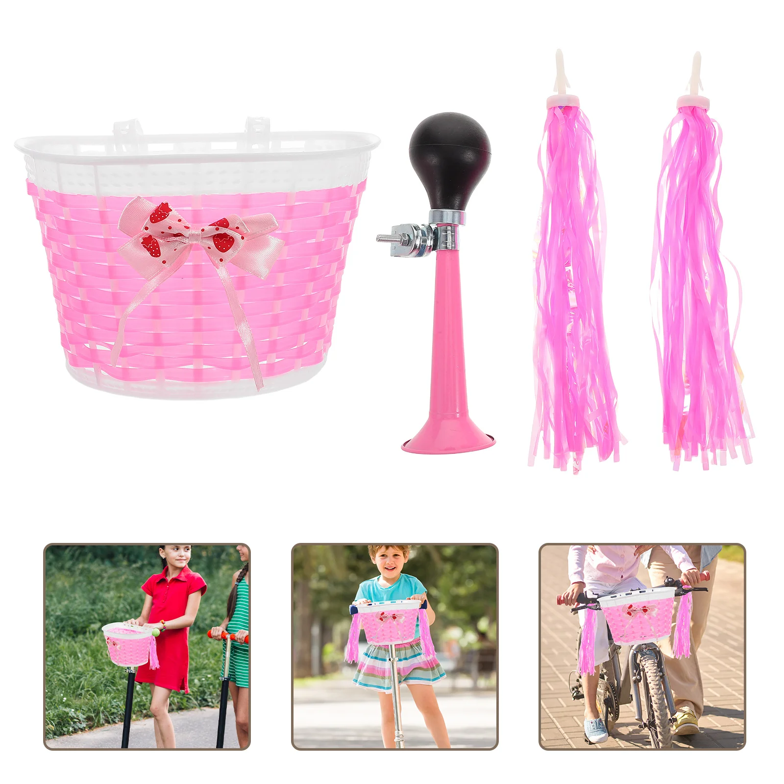 

1 Set Kids Bike Accessories Front Basket Handlebar Streamers Horn Scooter Tassels Bells Tricycle Decor Ribbon For Girls Boys