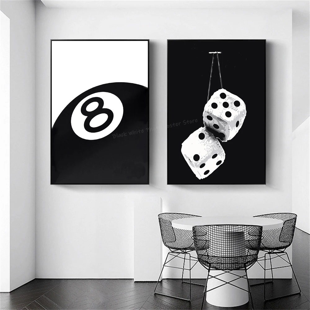 Black And White No.8 Ball Art Poster Billiards Club Theme Wall Art Canvas Painting Prints Living Room Corridor Home Decor