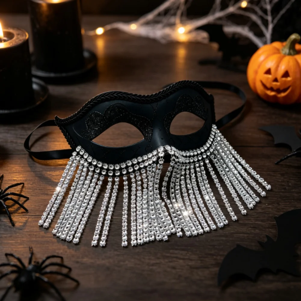 2pcs Black Glitter Rhinestone Fringe Half Face For Venetian Style Plastic Hand Painted For Halloween Masquerade Ball Party Cost