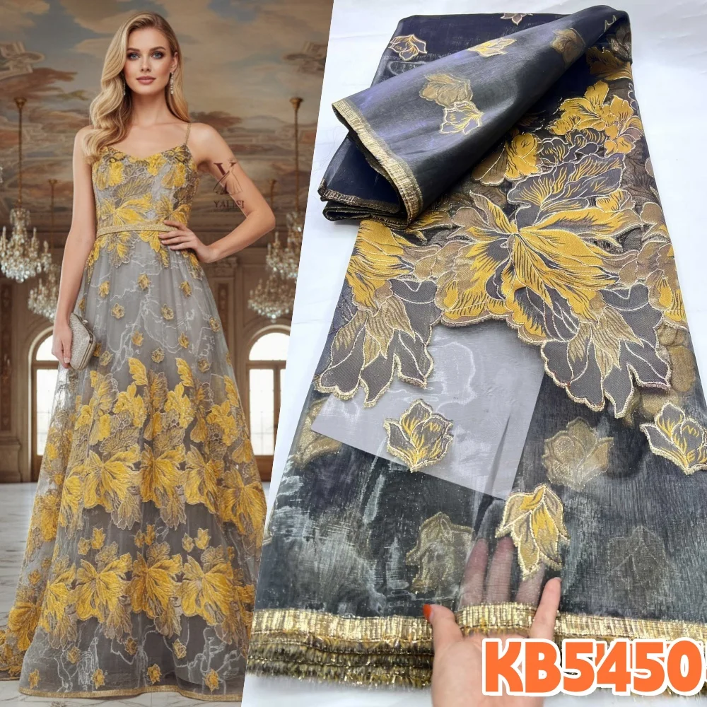 Burnt Orange Organza Jacquard Luxury Laces On Sale 5 Yards High Quality Gilding Brocade Lace Fabric for Wedding Dresses KB5450