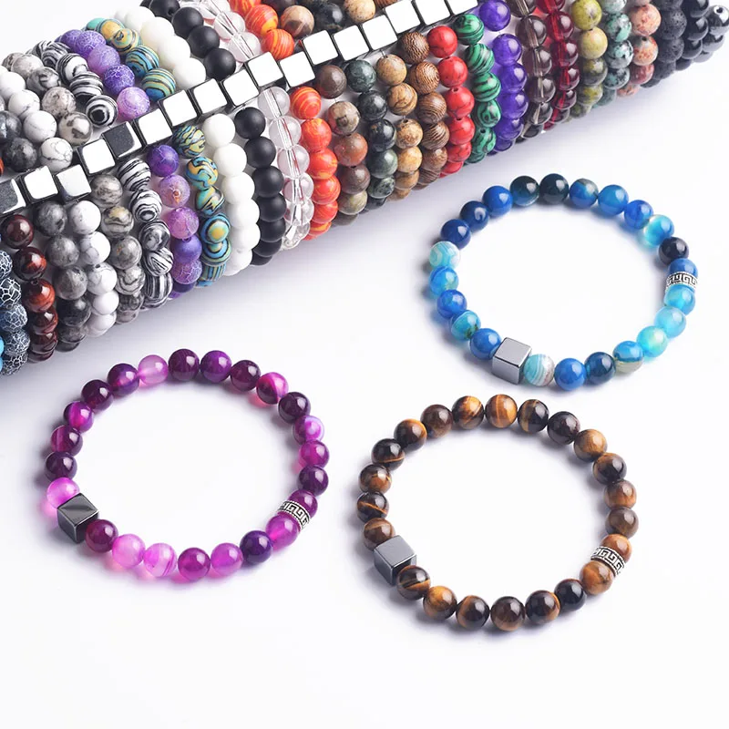 Natural Stripe Agate Beads Bracelet Man Women Trendy Block Magnetic Hematite Accessories Jewelry Female Lose Weight Bangle Gift