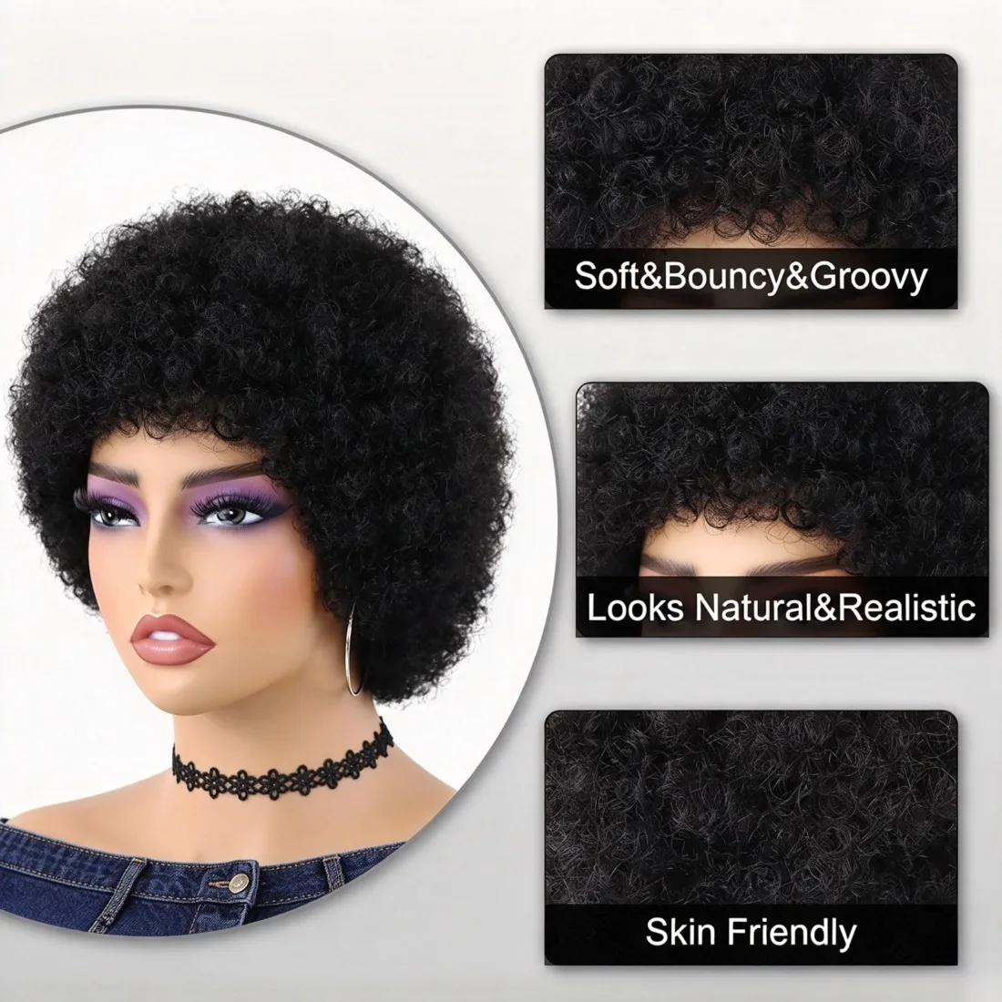 Natural Black Short Afro Kinky Curly Pixie Human Hair Wig for Black Women, With Bangs Glueless Real Hair Wig Voluminous Puff