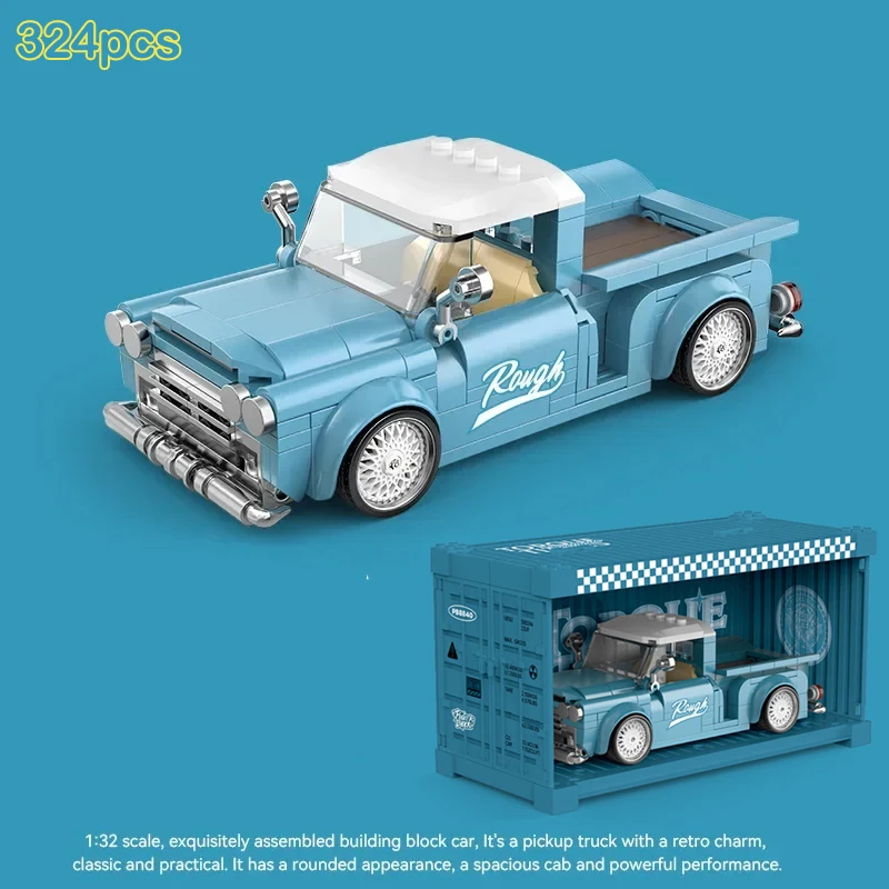 Retro fora de estrada captador carro moc blocos de construção caminhões azuis 324 pçs montagem com caixa de exibição ornamento brinquedos modelo tijolos presente