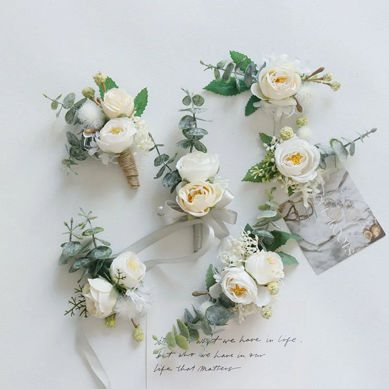 Boutonniere And Wrist Corsage New306Artificial Flower Wedding Photo Studio Headdress Hair Clasp Bridegroom Bridal Wreath