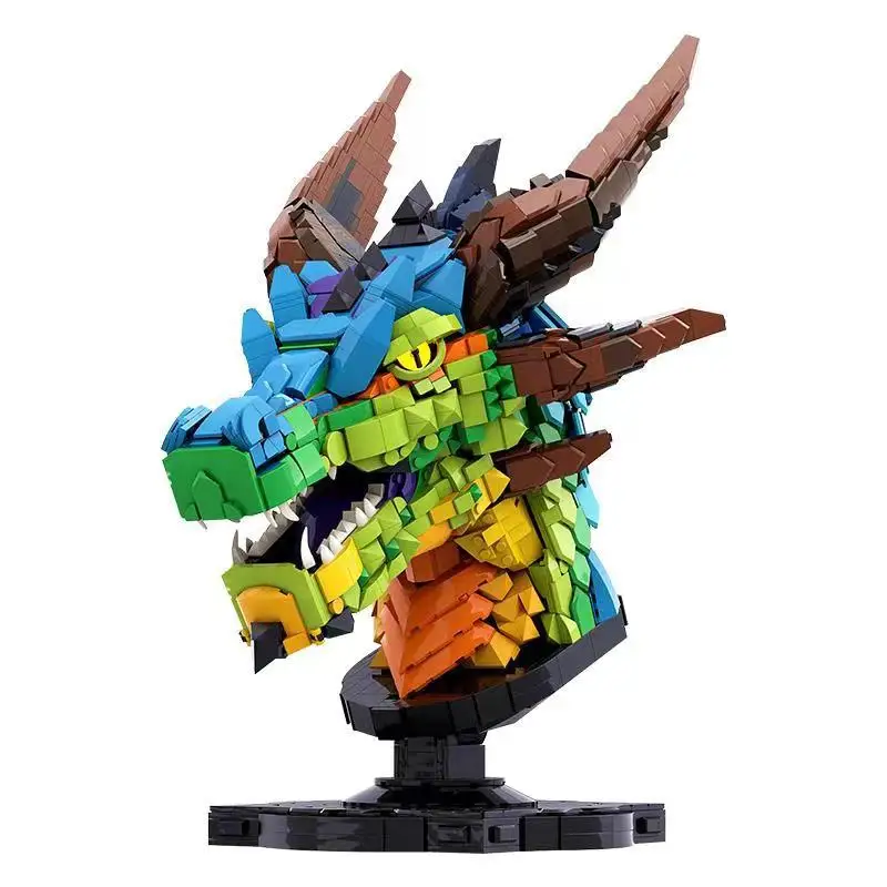 Moc Dragon Head Statue Chinese Zodiac Model Animal Ornament Building Blocks Set Constructor Bricks DIY Toys Birthday Gifts