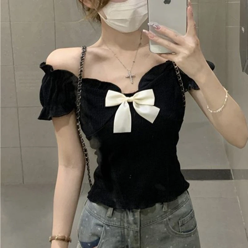 Womens Off Shoulder Ruffle Short Sleeve Big Bow Decor Ruched Knit Cami Top