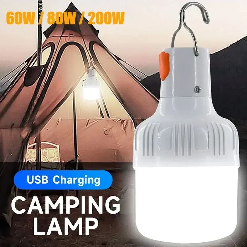 

200W 80W 60W High Power LED Camping Light Rechargeable Portable Lanterns Outdoor Emergency BBQ Tent Lighting Lamp Bulb with Hook