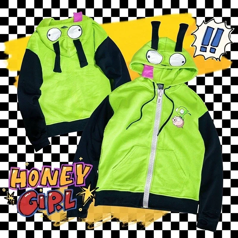

Anime Invader Cosplay Costume Coat Alien Zim Hoodies Jacket Hooded Zip Up Pullovers Sweatshirts with Ears Halloween Adult Kid