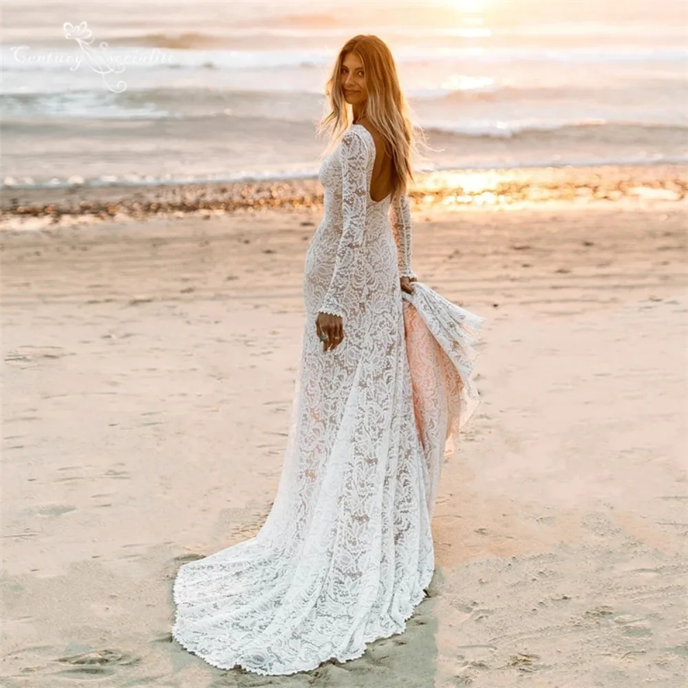 

Beach Wedding Dresses for Bride 2025 Lace O-Neck Backless Long Sleeve Side Slit Rustic Boho Bridal Gowns Customized