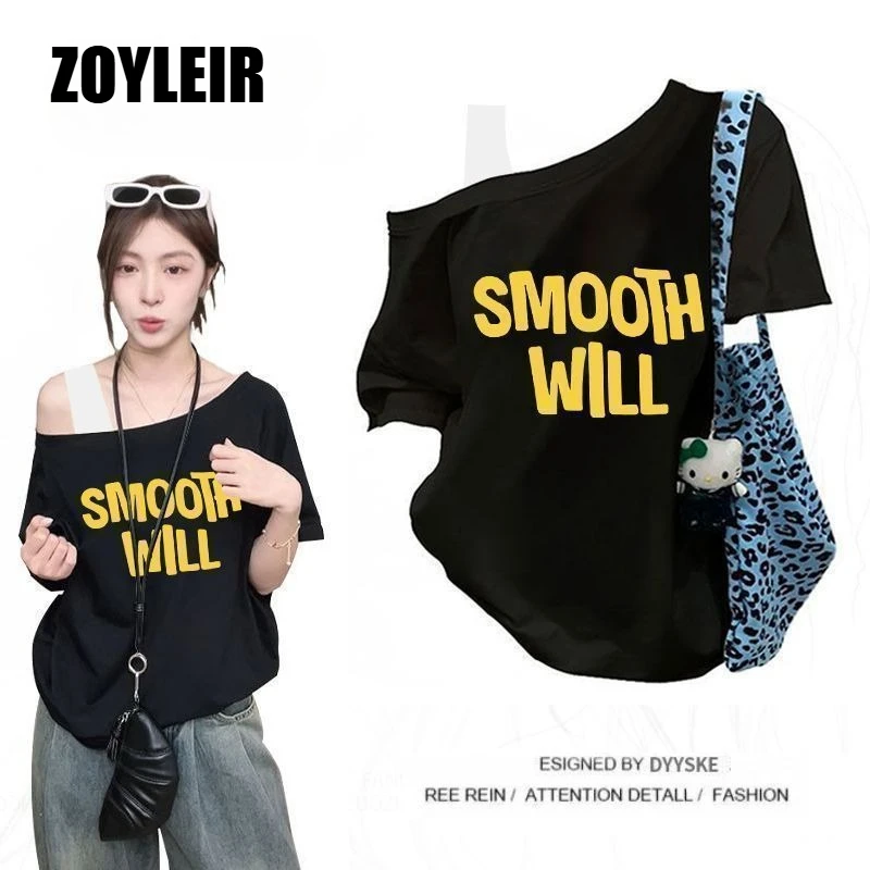 Elegant Summer One Shoulder T Shirt Women Fake Two-piece Oversize Graphic T Shirts Short Sleeve Off Shoulder Top Sport Casual image 4