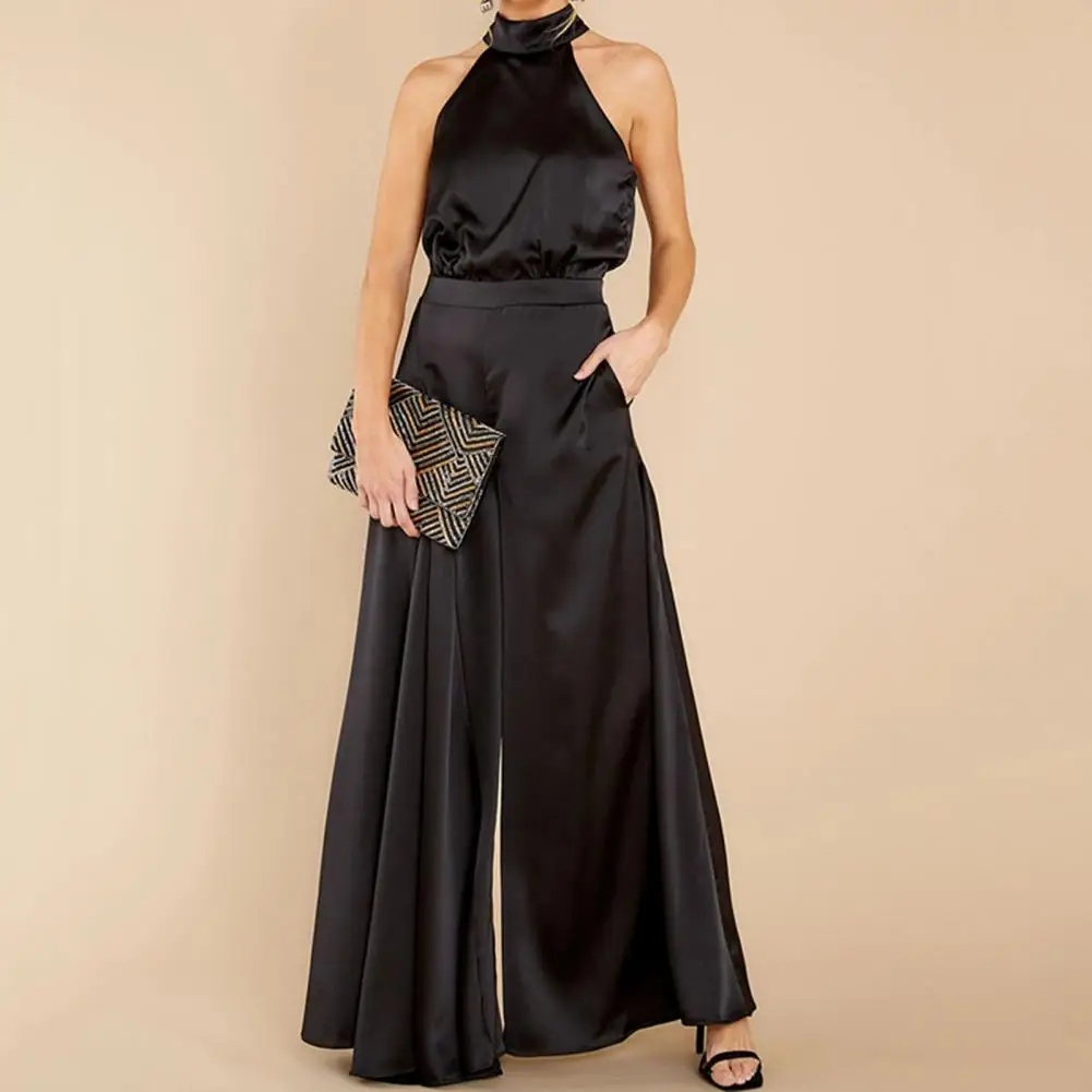 

Loose Fit Jumpsuit Elegant Off-shoulder Women's Jumpsuit with Halter Neck Wide Leg for Parties Proms Featuring Deep Crotch