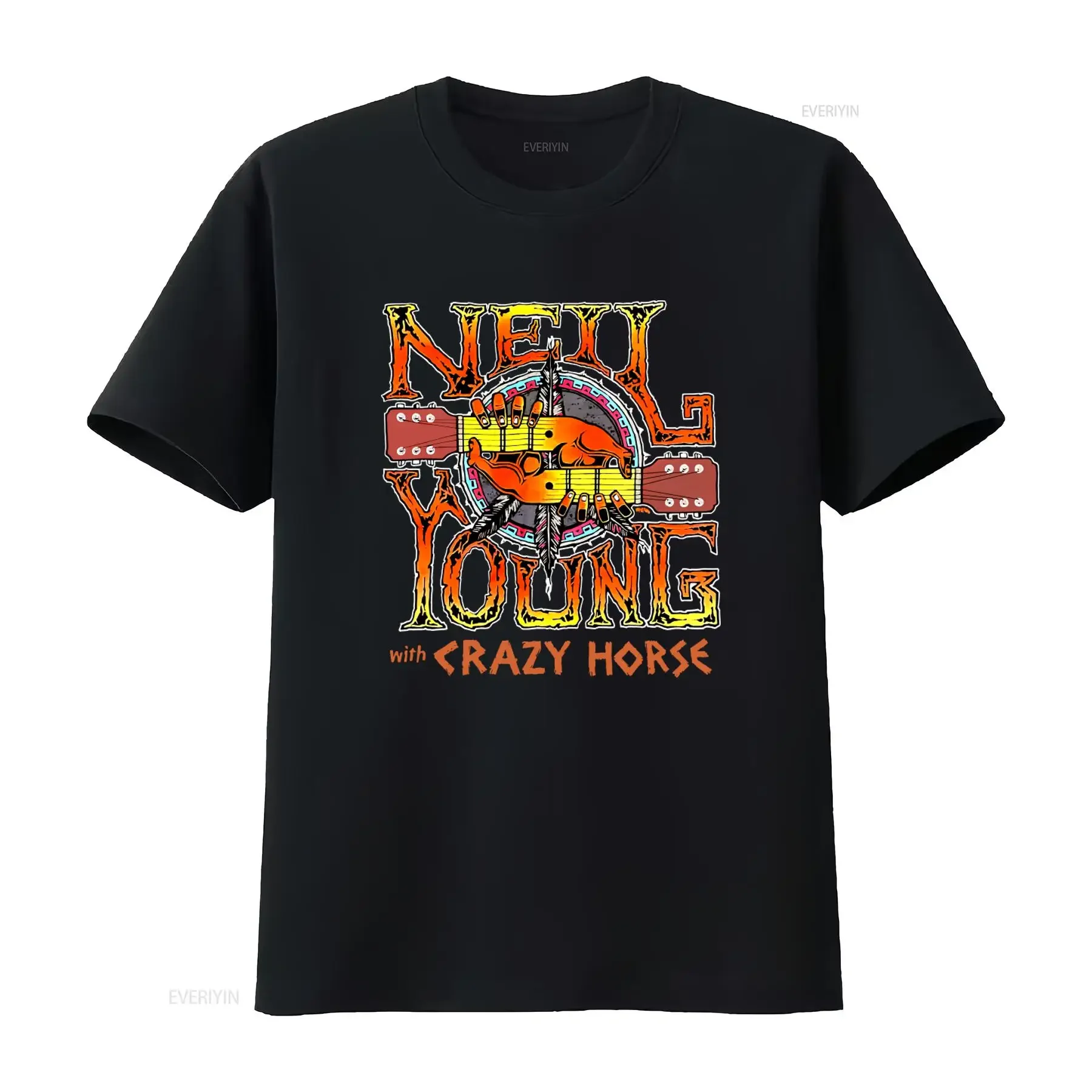 Neil Young with Crazy Horse Electric Guitar Design T shirt 1996 World Tour Style vintage Washed Stretched Stylish Unisex homme
