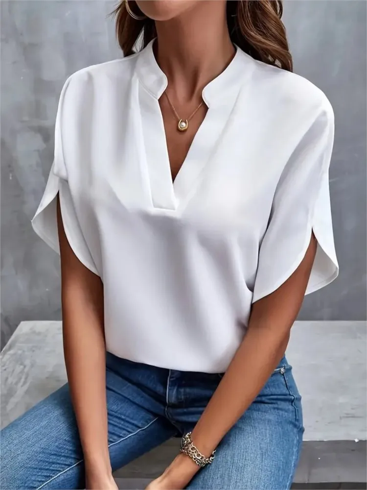 Elegante frauen Bluse Lose Tops Sommer Solide V-ausschnitt Unregelmäßigen Kurzen Ärmeln Büro Hemd Neue Mode Urlaub Shirts Für Frauen