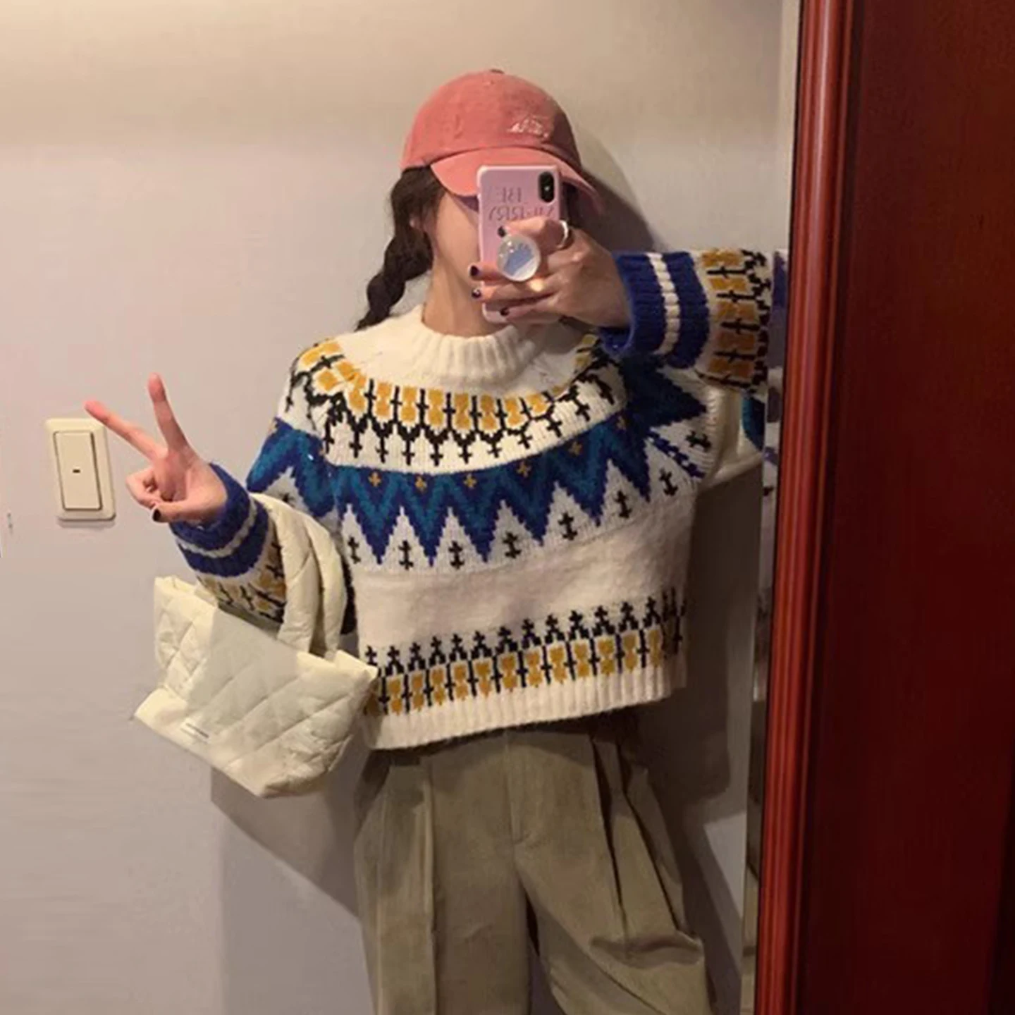 

Retro Color Blo Fair Isle Knitted Sweater Women's Long Sve Winter New Sle Small Size Versatile Sweater round Ne