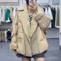 Manteau en fourrure de vison véritable pour femme, veste en plumes d'oie naturelles, capuche en fourrure de luxe, hiver