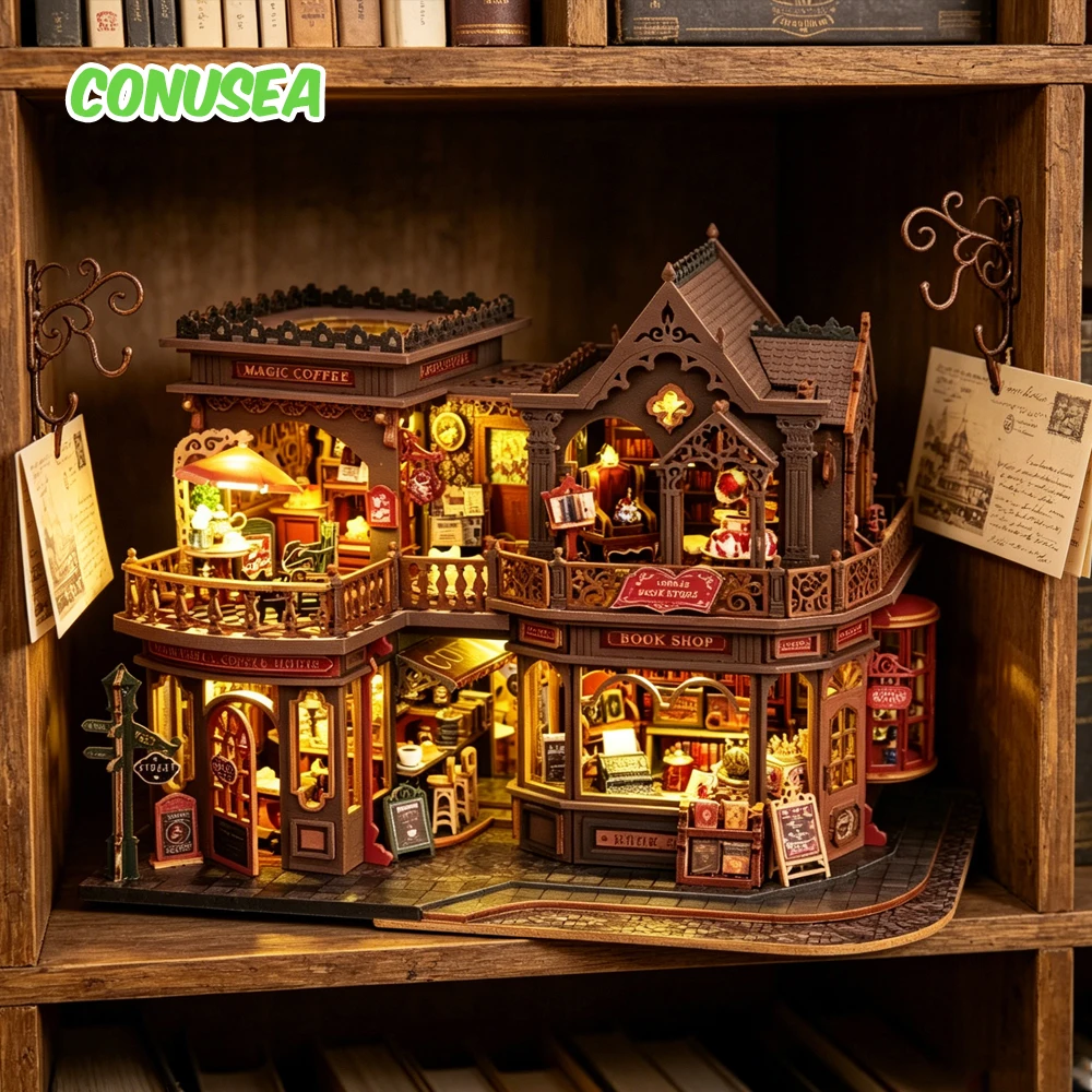 

DIY Miniature House Wooden Cabin Bookcase Coffee Model Handmade Dollhouse With Mini Furniture And Accessories Set Book Stand Toy