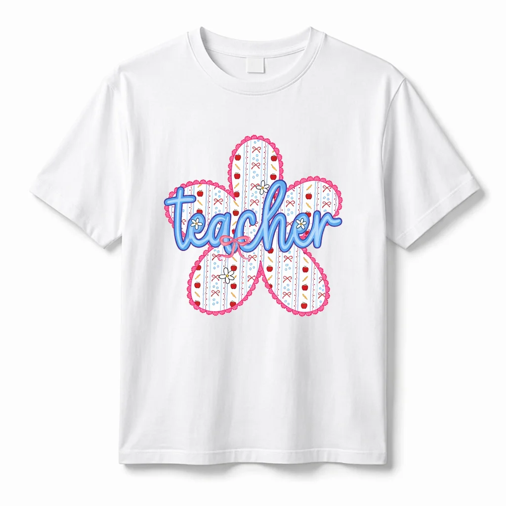 Female Teacher Flower Pattern T-shirt Cute Printed Soft Cotton T-shirt Back to School Teacher Appreciation Gift Casual Top
