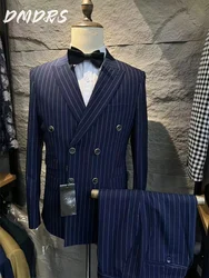 Classic Striped Men's Suit set For Wedding Dress Formal Double Breasted Breasted Jacket Pants For Business Men Groomsmen