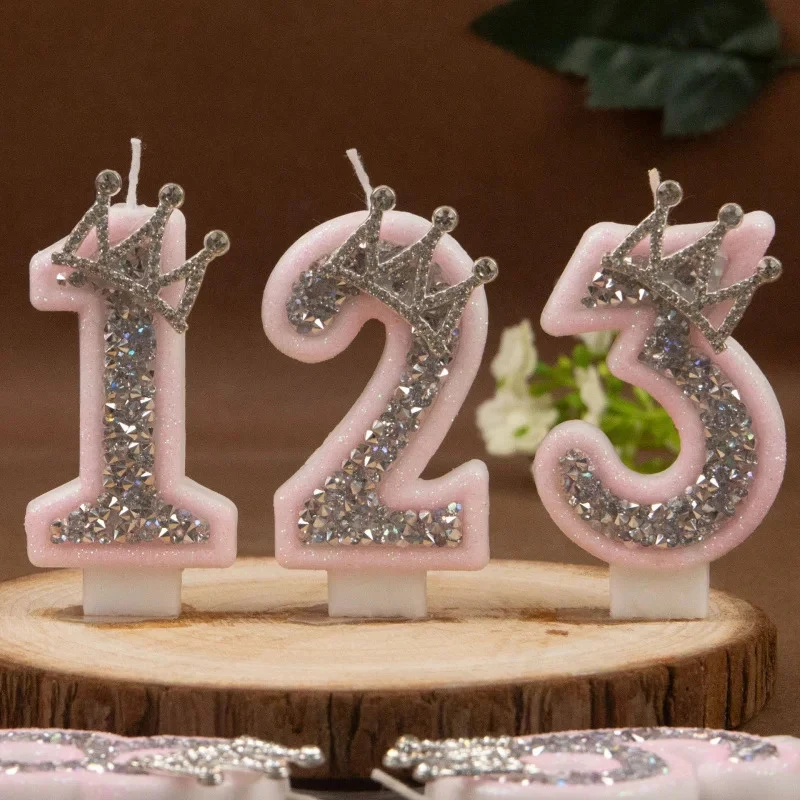 0-9 Pink Glitter Number Candle with Silver Rhinestone Crown Kids Birthday Cake Topper Party Decor