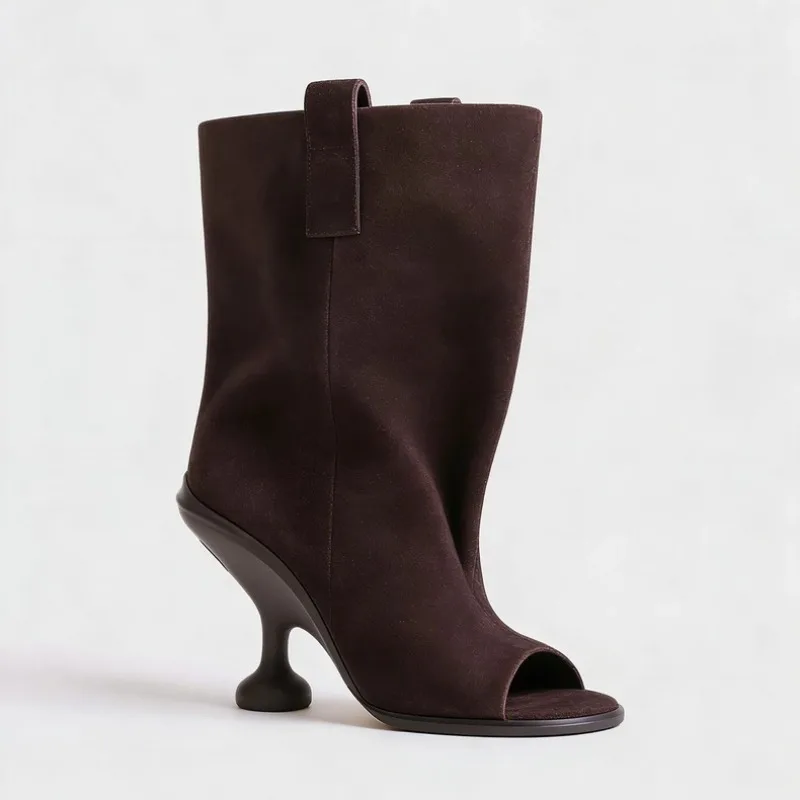 

2026 European and American Irregular High Heel Fish Mouth Open Toe Sleeve Short Boots Women's Fashion Stage Walking Shoes