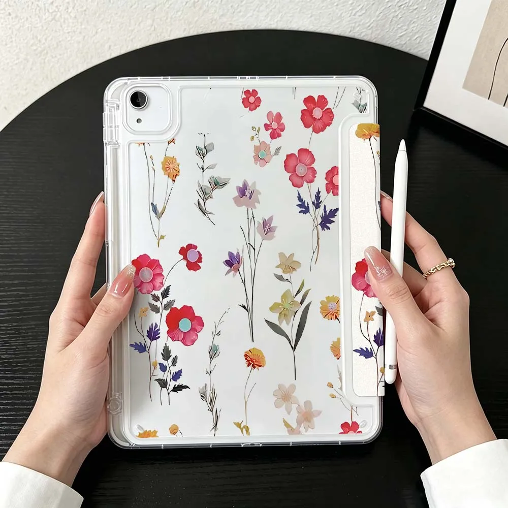 Watercolor Flower Art For iPad Mini Pro Air 5 6 7 8 9 10th 11th 11 9.7 10.9 13 inch Transparent Y-Shaped Folding Tablet Case