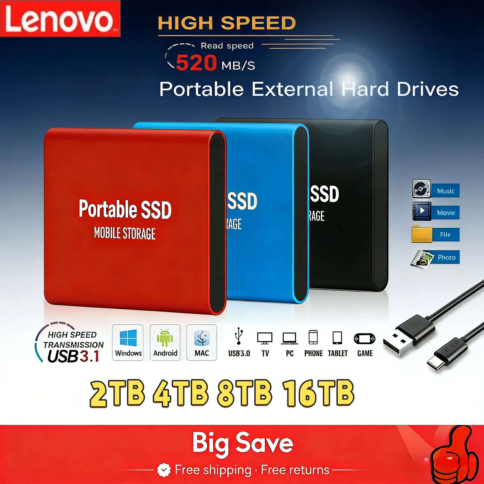 

Lenovo T5 Portable SSD 2TB 4TB USB 3.1 External Solid State Drive High Speed Mini Gaming Storage for PS4 PS5 Xbox PC Laptop Mac