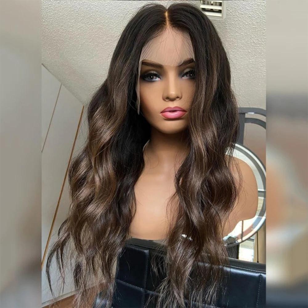 

Chestnut Brunette Long Natural Wavy Balayage Wig for Women Luxury Synthetic Lace Front Wig Realistic Look Cosplay Party Use