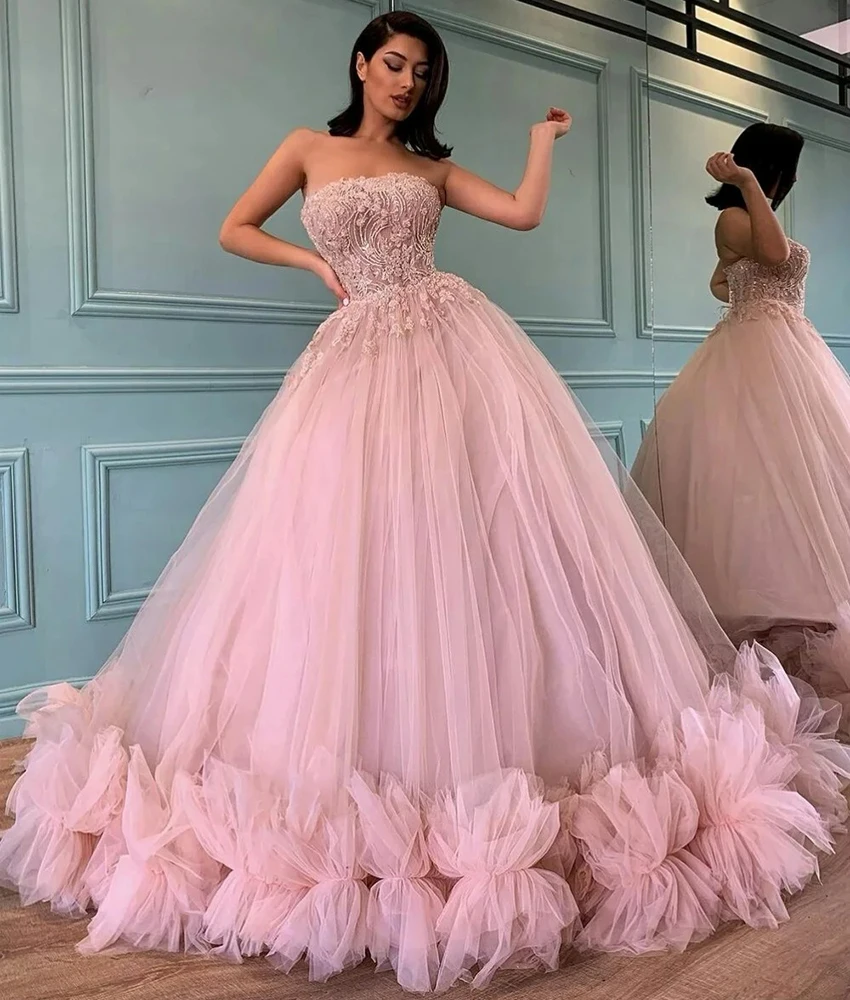 

Customized Exquisite Organza A-Line Appliques Sequined Evening Dress High Quality Sleeveless Strapless Floor Length prom dresses