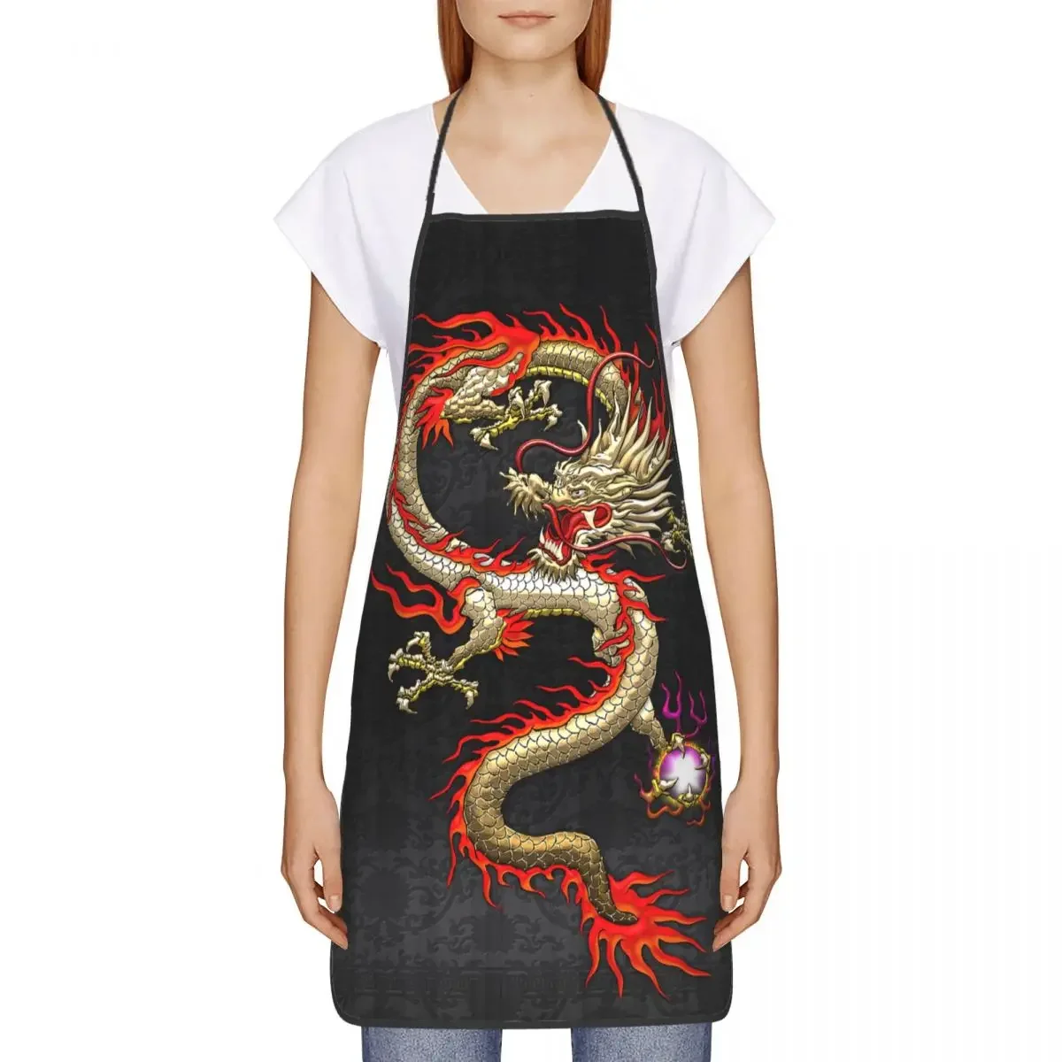 Golden Chinese Dragon Fucanglong Kitchen Chef Cooking Baking Apron Women Men Asian Style Mythology Tablier Cuisine for Painting