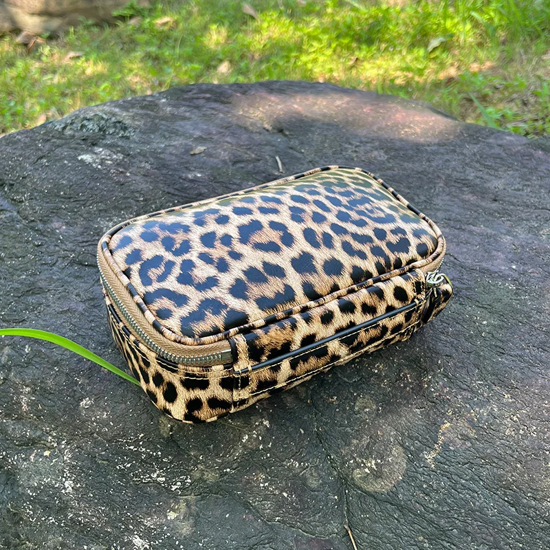  Luxury Genuine Leather Women Makeup Basg Fashion Leopard Print Small Cowhide Cosmetic Bag Portable Storage Pouch Clutch Bag