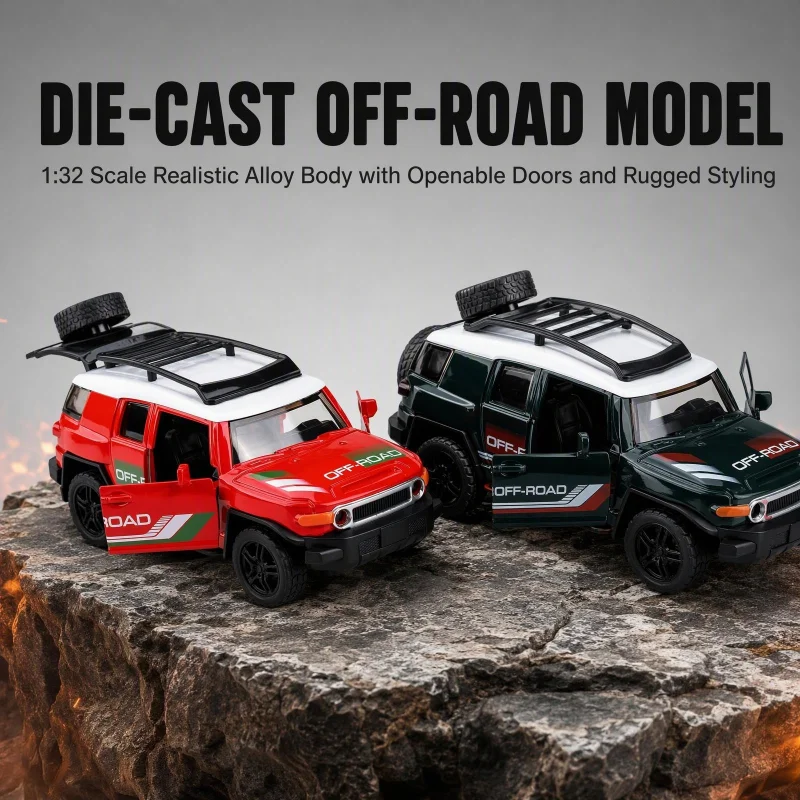1:32 Scale Diecast Off-Road Vehicle Model, Alloy SUV Car with Openable Doors, Roof Rack and Spare Tire, Desktop Collectible Car