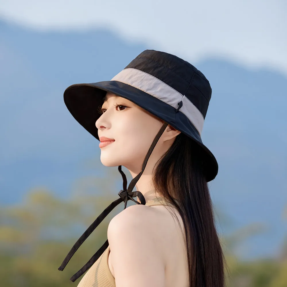 Women's Summer Big Brim Blocking-Color Sun Hat Vacation Outdoor Fishmen Hat